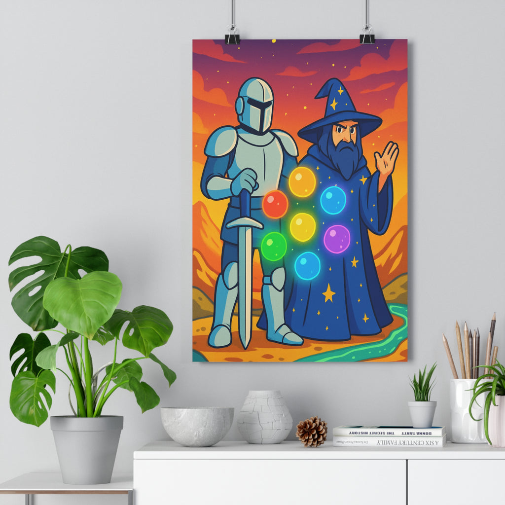Poster décoratif chevalier magicien sphères mystique fantastique orange pourpre chambre salon 30x46 ambiance qualité