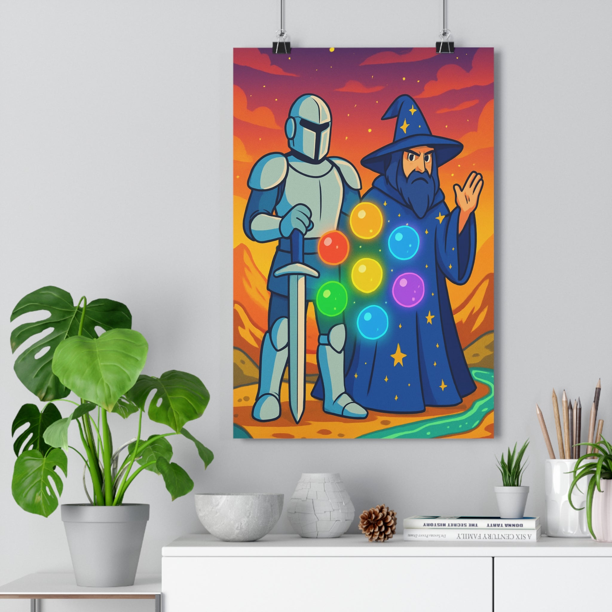 Poster décoratif chevalier magicien sphères mystique fantastique orange pourpre chambre salon 30x46 ambiance qualité