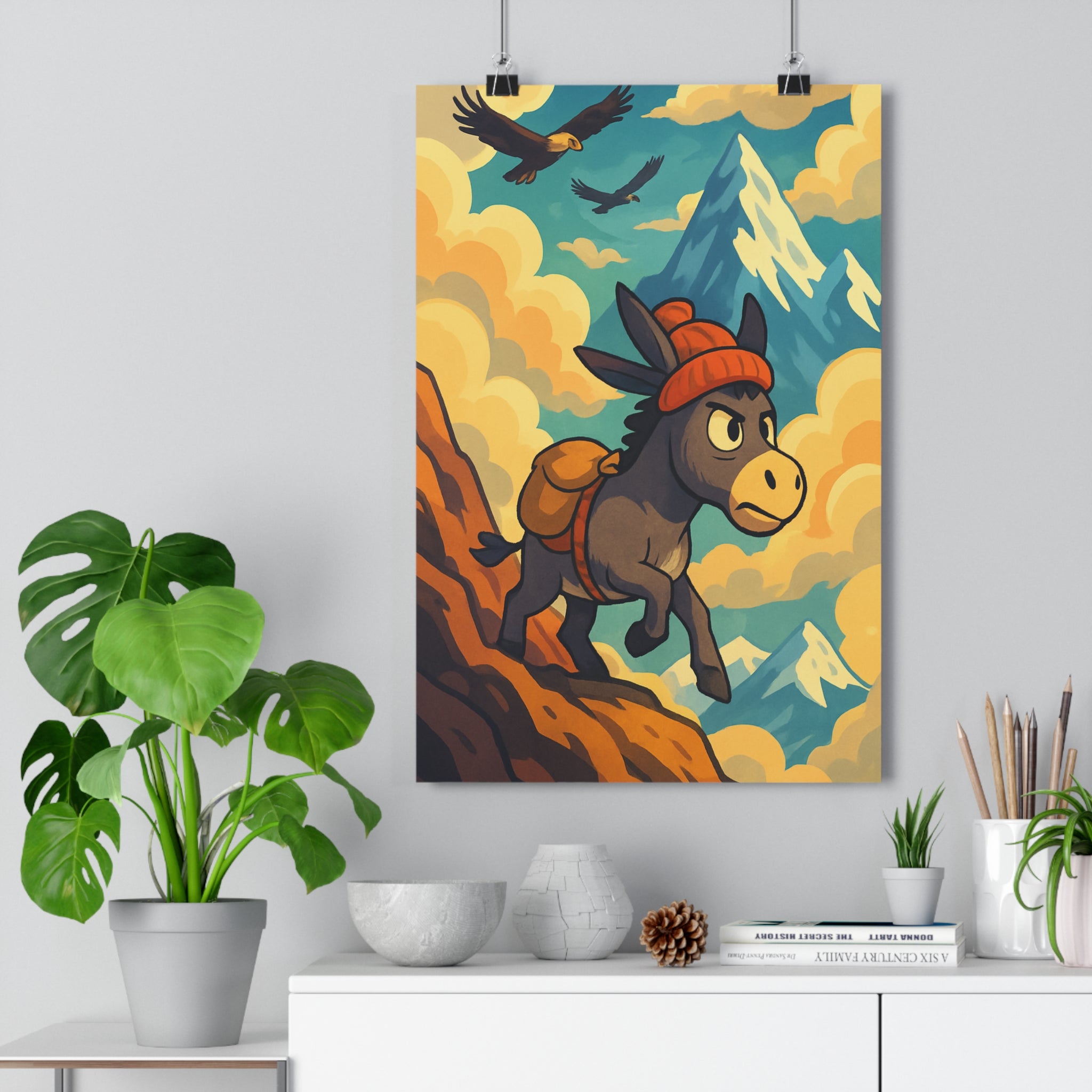 Poster décoratif aventure montagne âne courageux bonnet rouge paysage épique chambre salon coloré vibrant