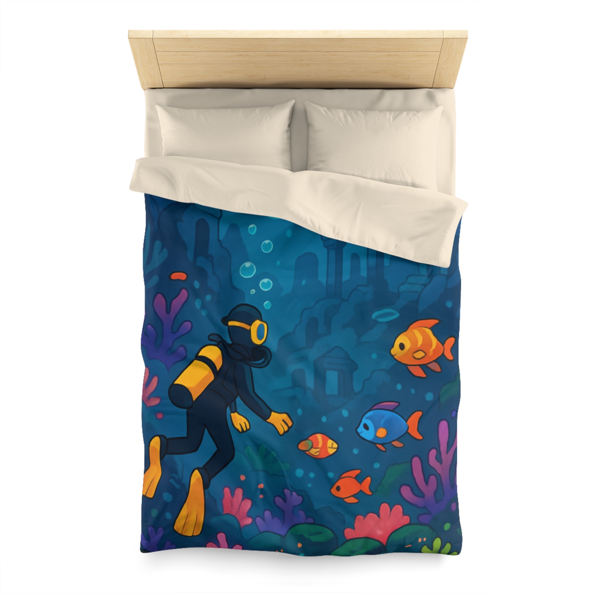 Housse de Couette Requin: Scène Sous-Marine Colorée avec Poissons Exotiques et Tortue