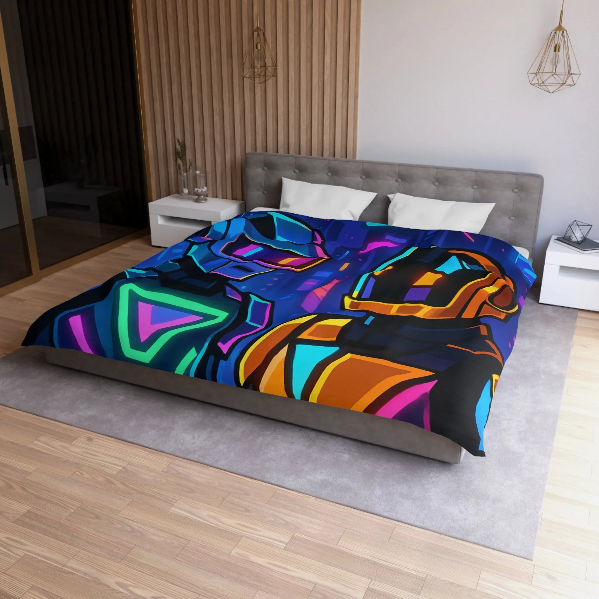 Housse de couette cyber thématique avec robots néons dans une ville futuriste colorée