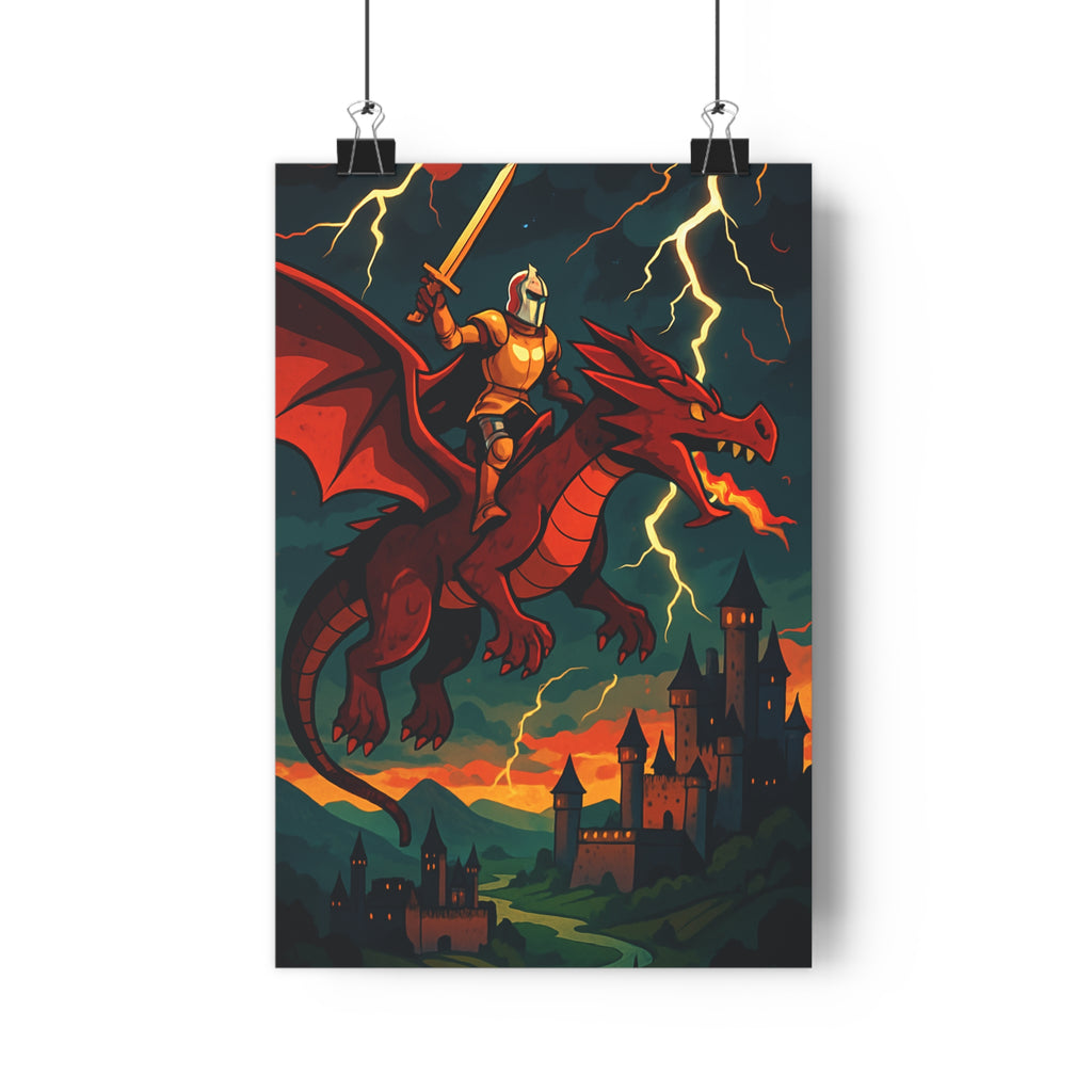 Poster décoratif épique rouge or chevalier dragon médiéval fantastique chambre bureau dessin animé ambiance
