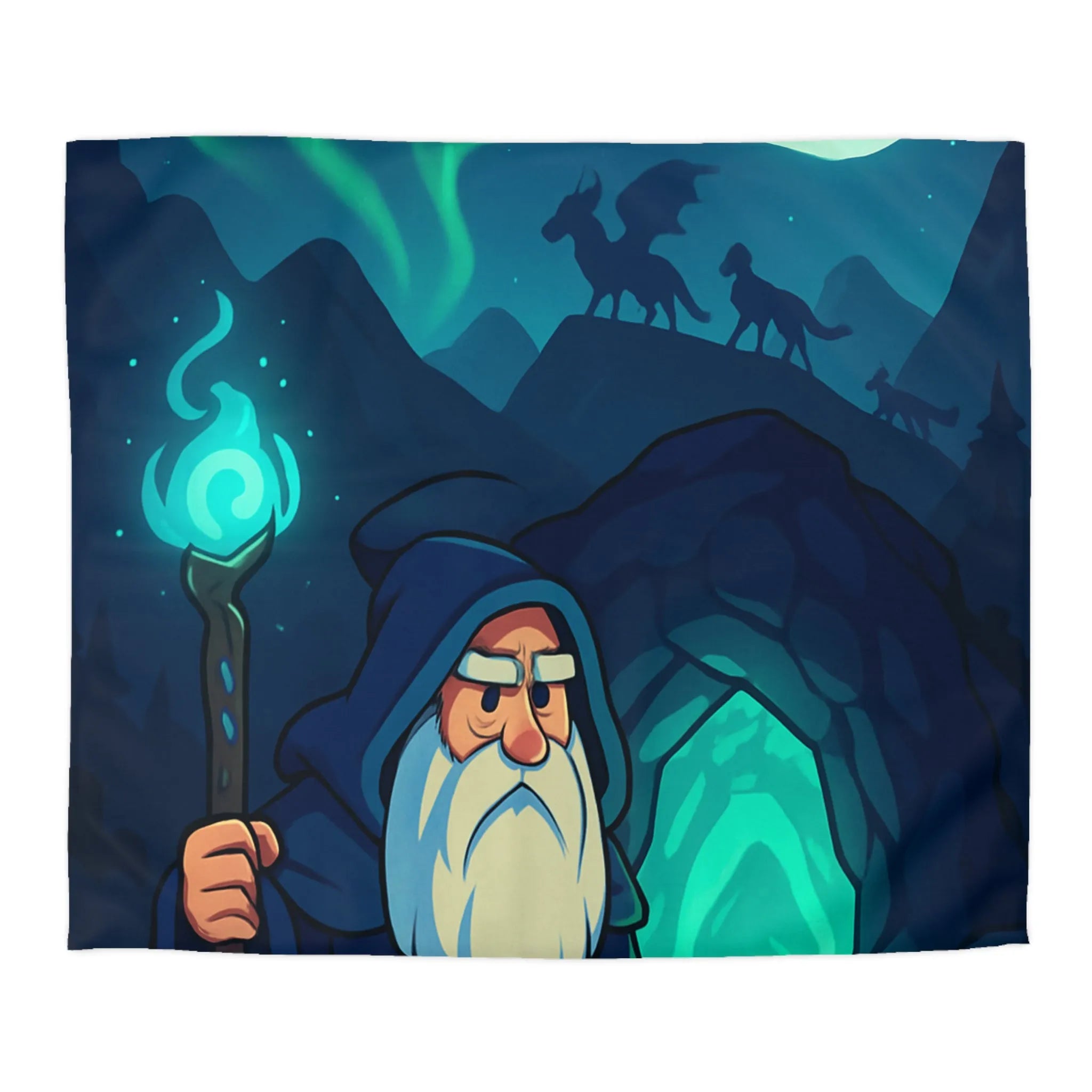 Housse de couette avec illustration de sorcier sous une aurore boréale et pleine lune