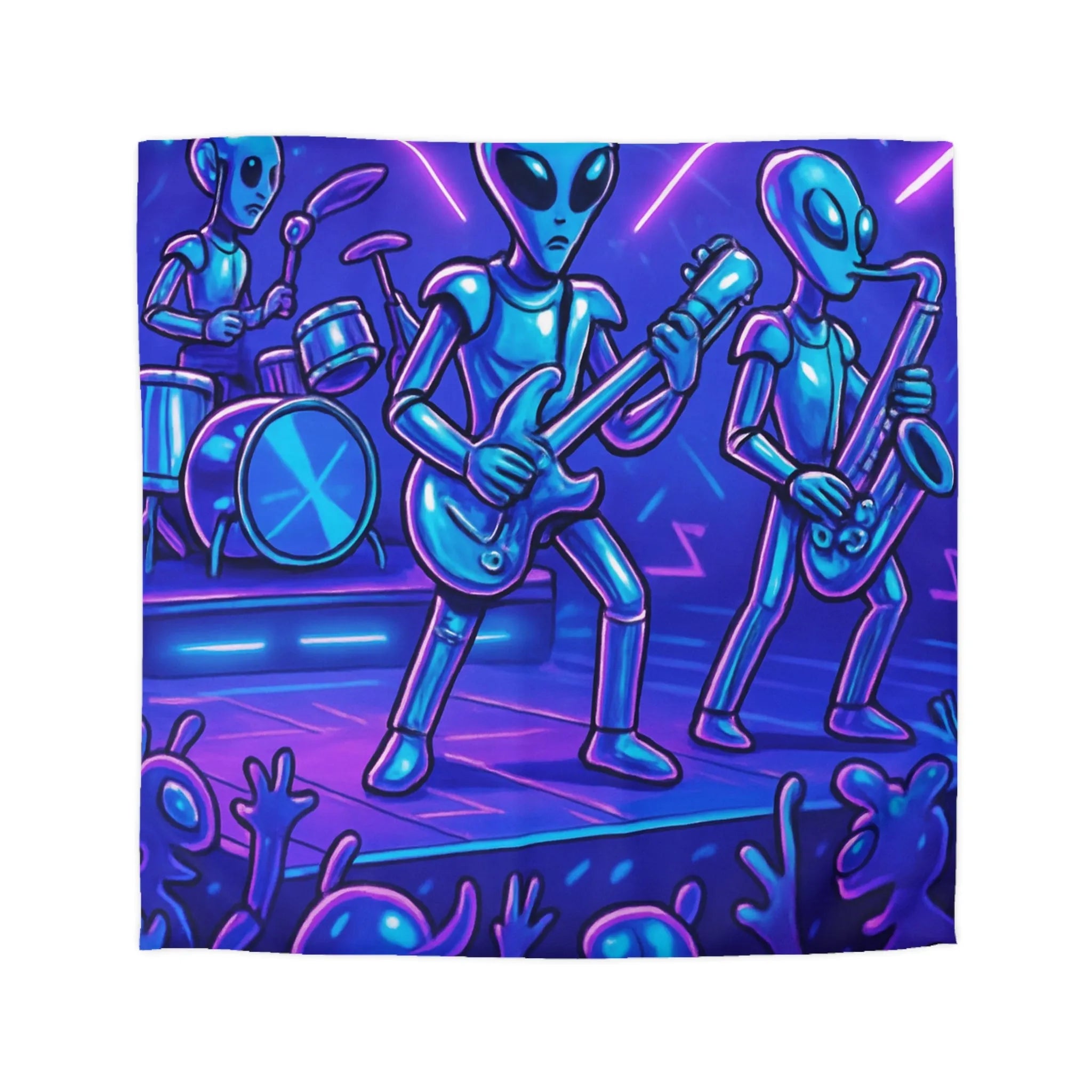Housse de couette avec extraterrestres musiciens sous lumière néon sur scène futuriste