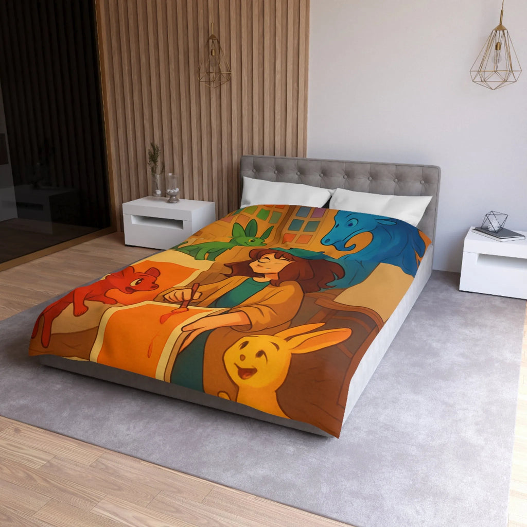 Housse de couette colorée avec artiste et animaux en studio d'art lumineux