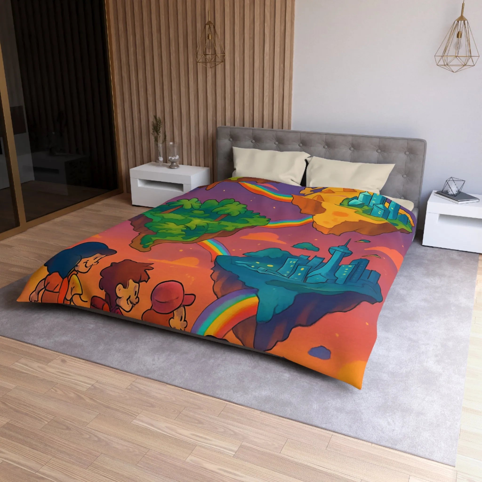 Housse de couette avec univers magique flottant pour chambre d'enfant colorée arc-en-ciel