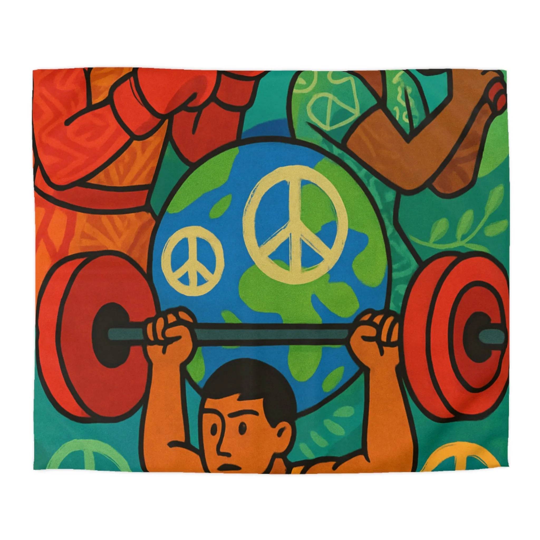 Housse de couette colorée avec athlètes et symboles de la paix, style artistique vibrant