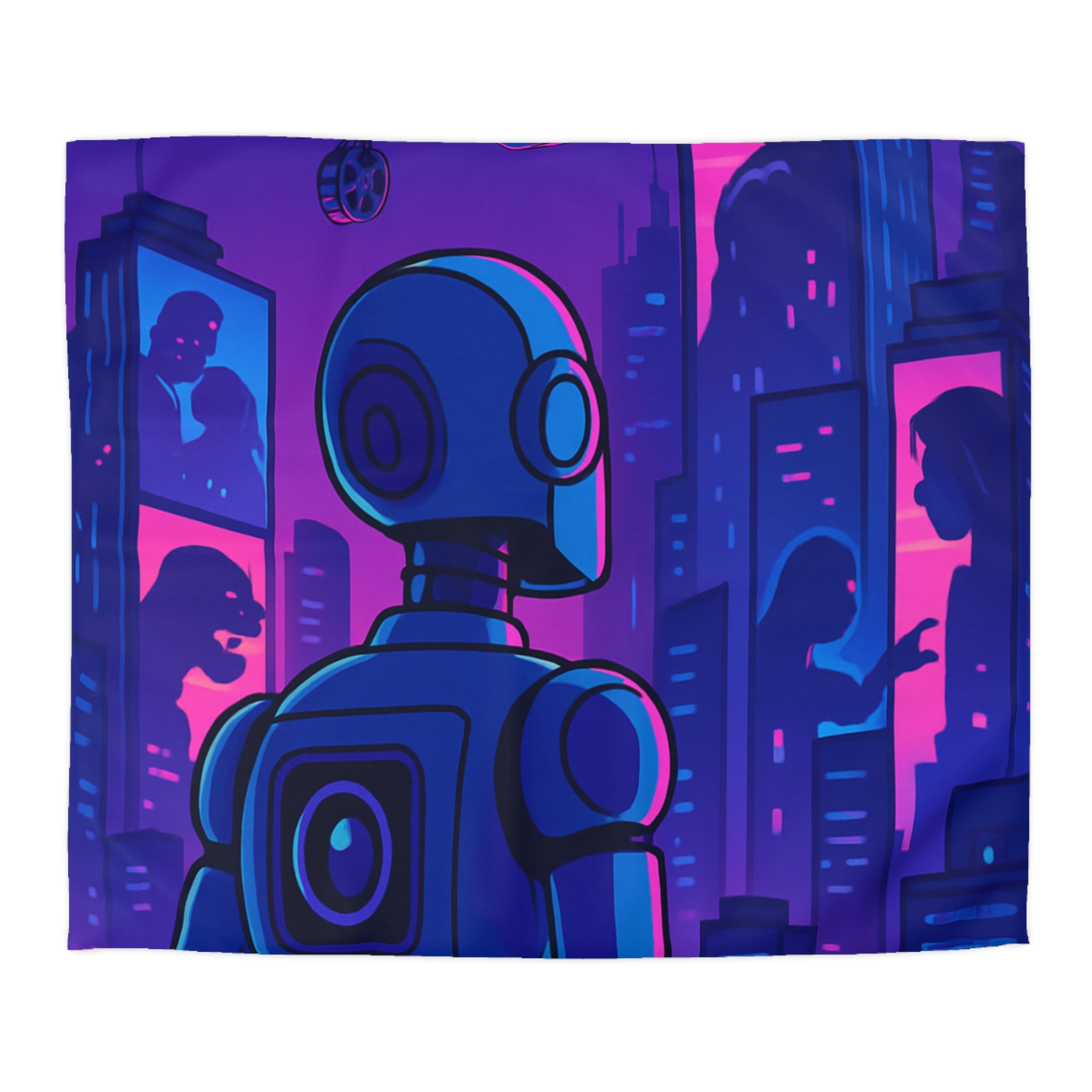 Séduisante housse de couette futuriste robot bleu néons drones anime horizon nuit