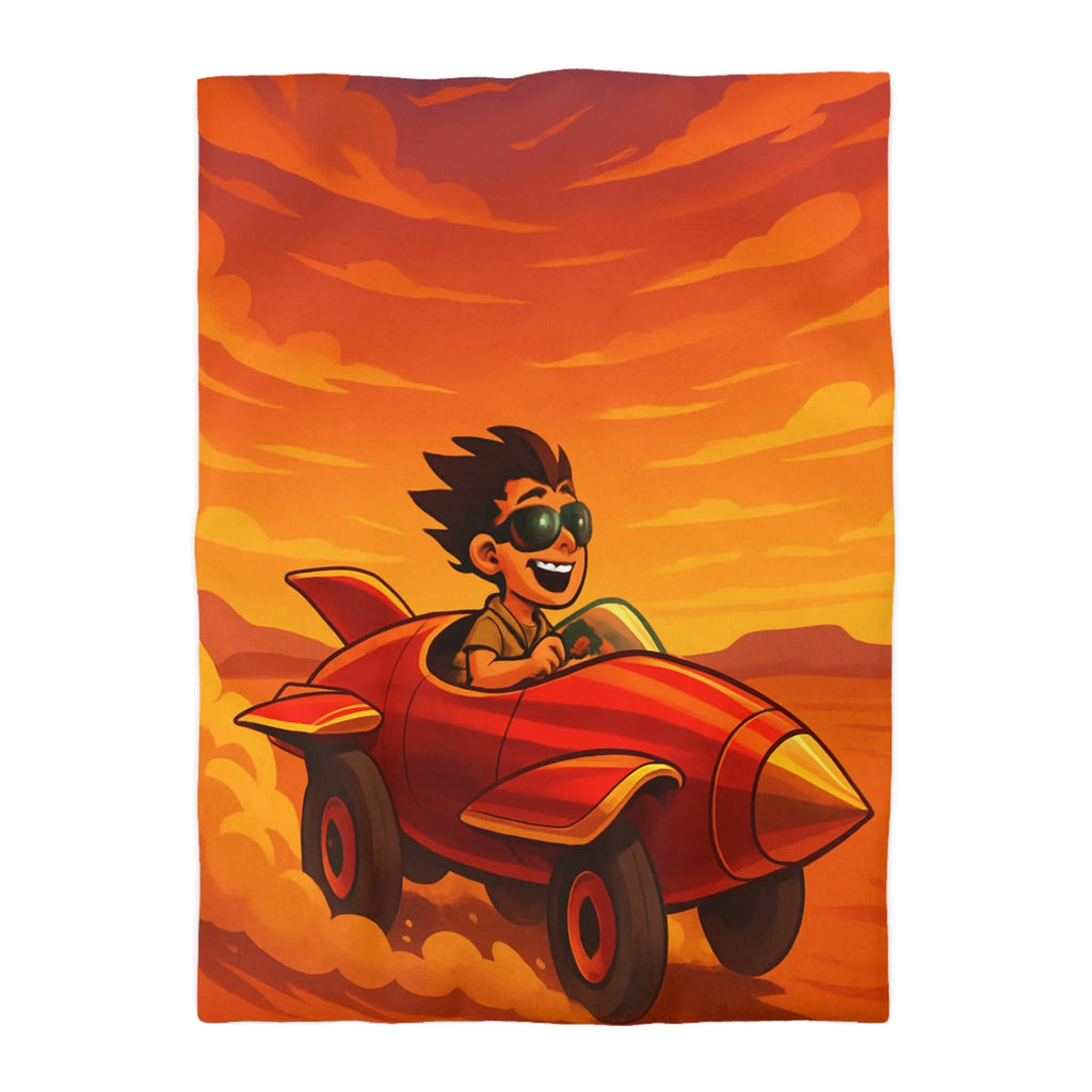 Housse de Couette Enfant Dynamique Rouge avec Avion de Course Ciel Orange