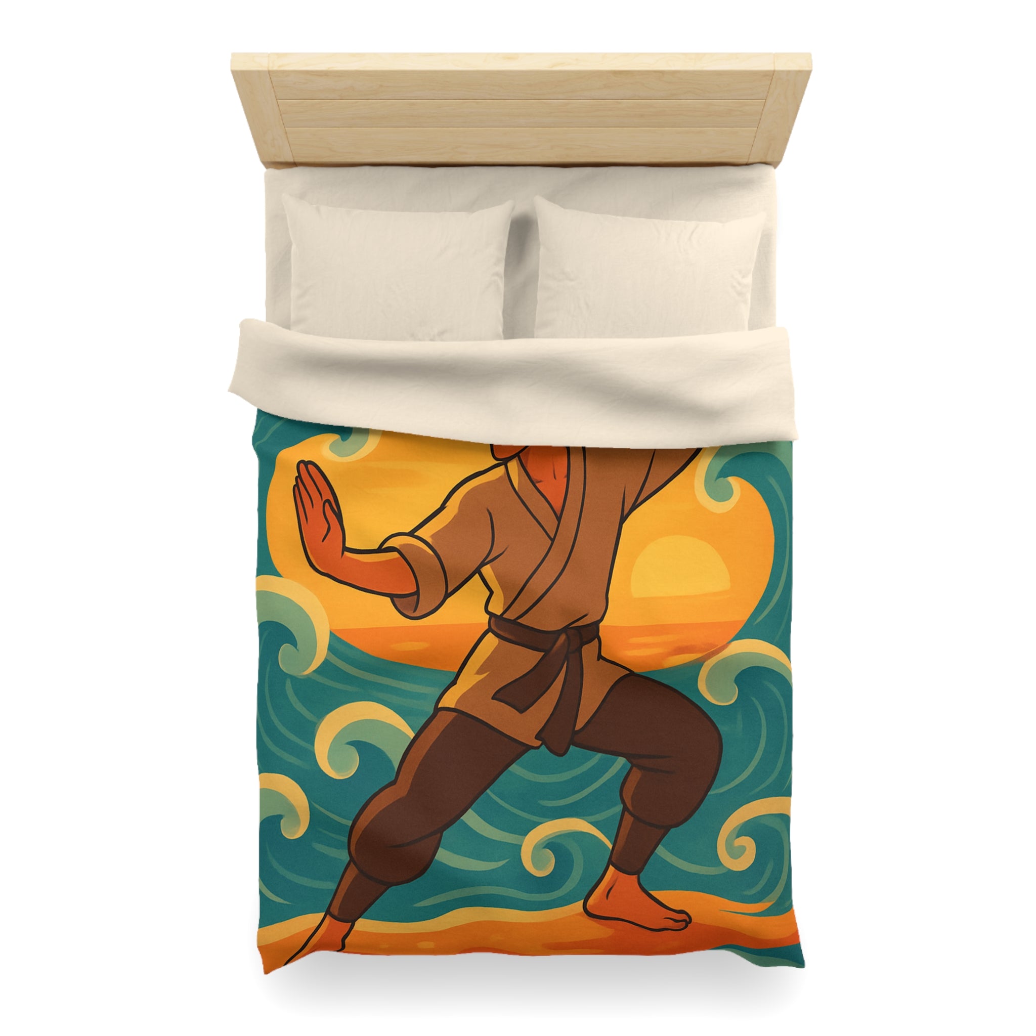 Housse de Couette Style Japonais Art Martial Coucher de Soleil et Océan Bleu