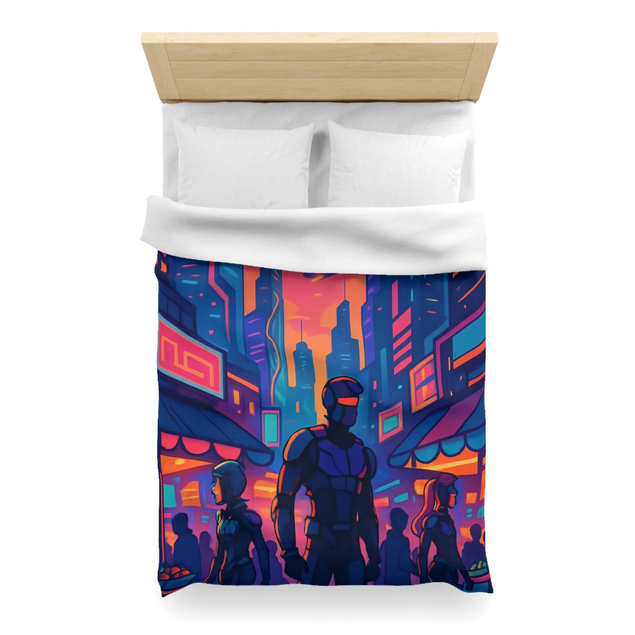 Housse de couette futuriste avec skyline néon et silhouettes urbaines nocturnes modernes