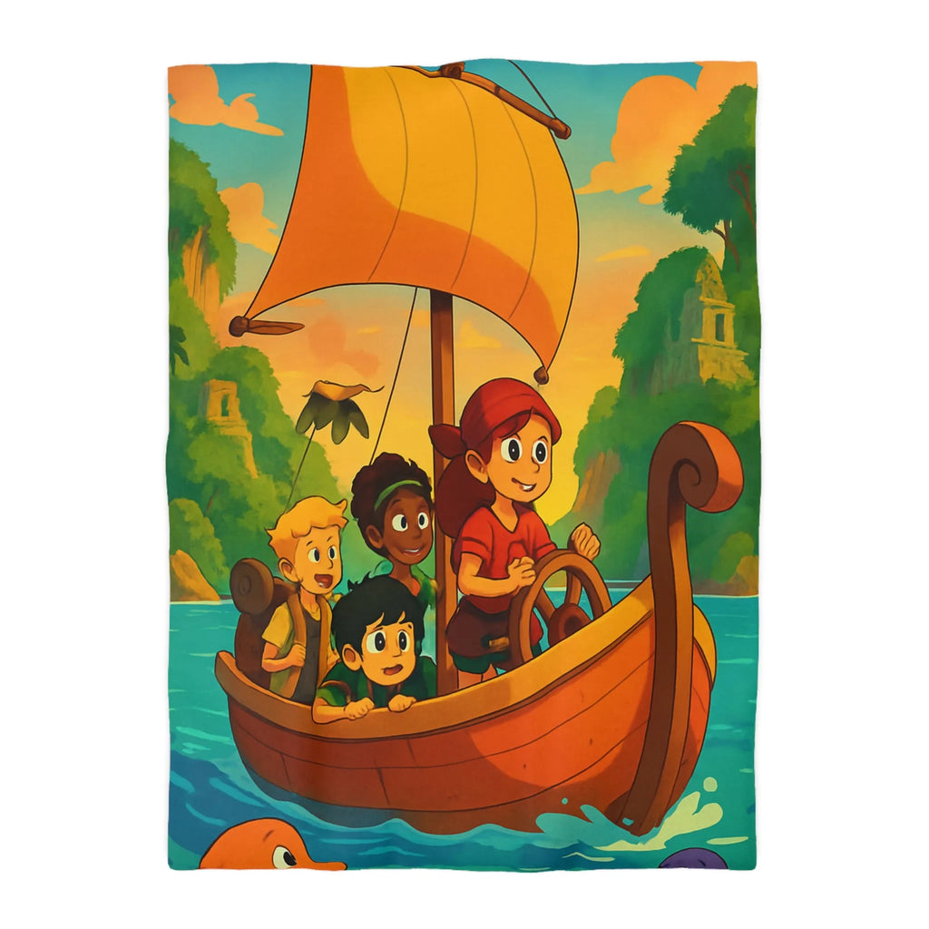 Housse de couette enfantine avec bateau, amis et animaux marins, ambiance tropicale vive