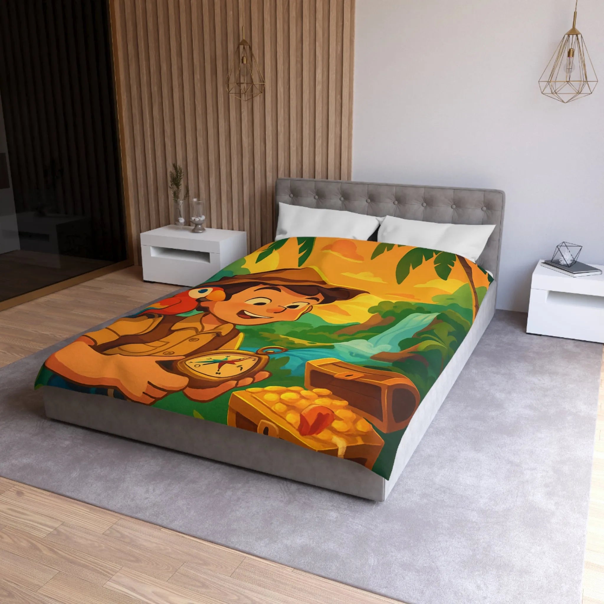 Housse de couette aventure tropicale avec trésor et perroquet pour enfant