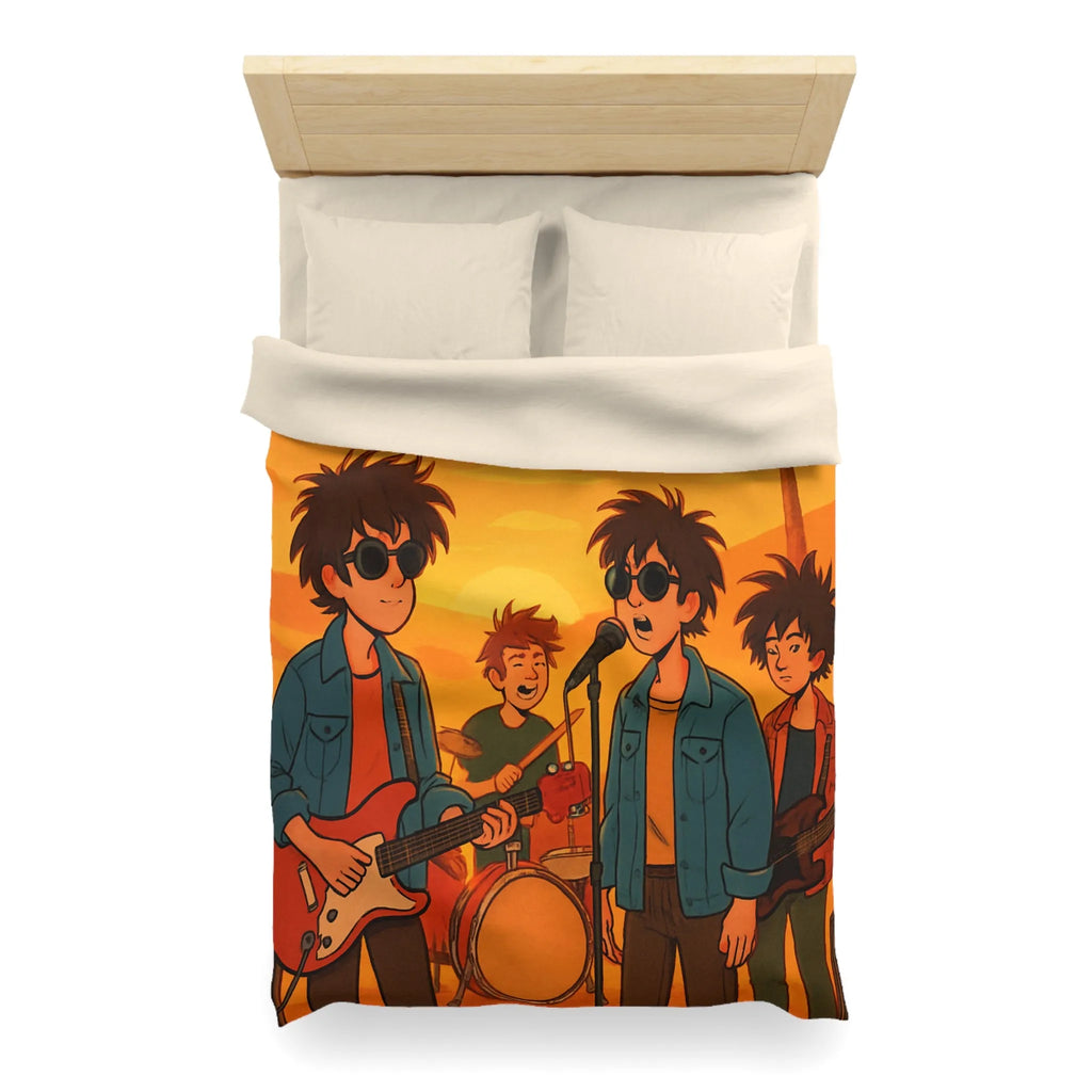 Housse de couette ensoleillée avec musiciens, ambiance rétro pour chambres modernes et vintage