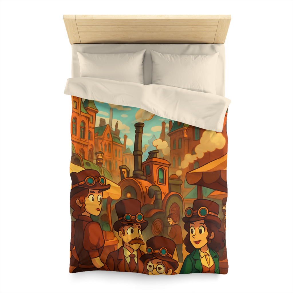 Housse de couette steampunk rétro avec famille, dirigeables et ville victorienne animée
