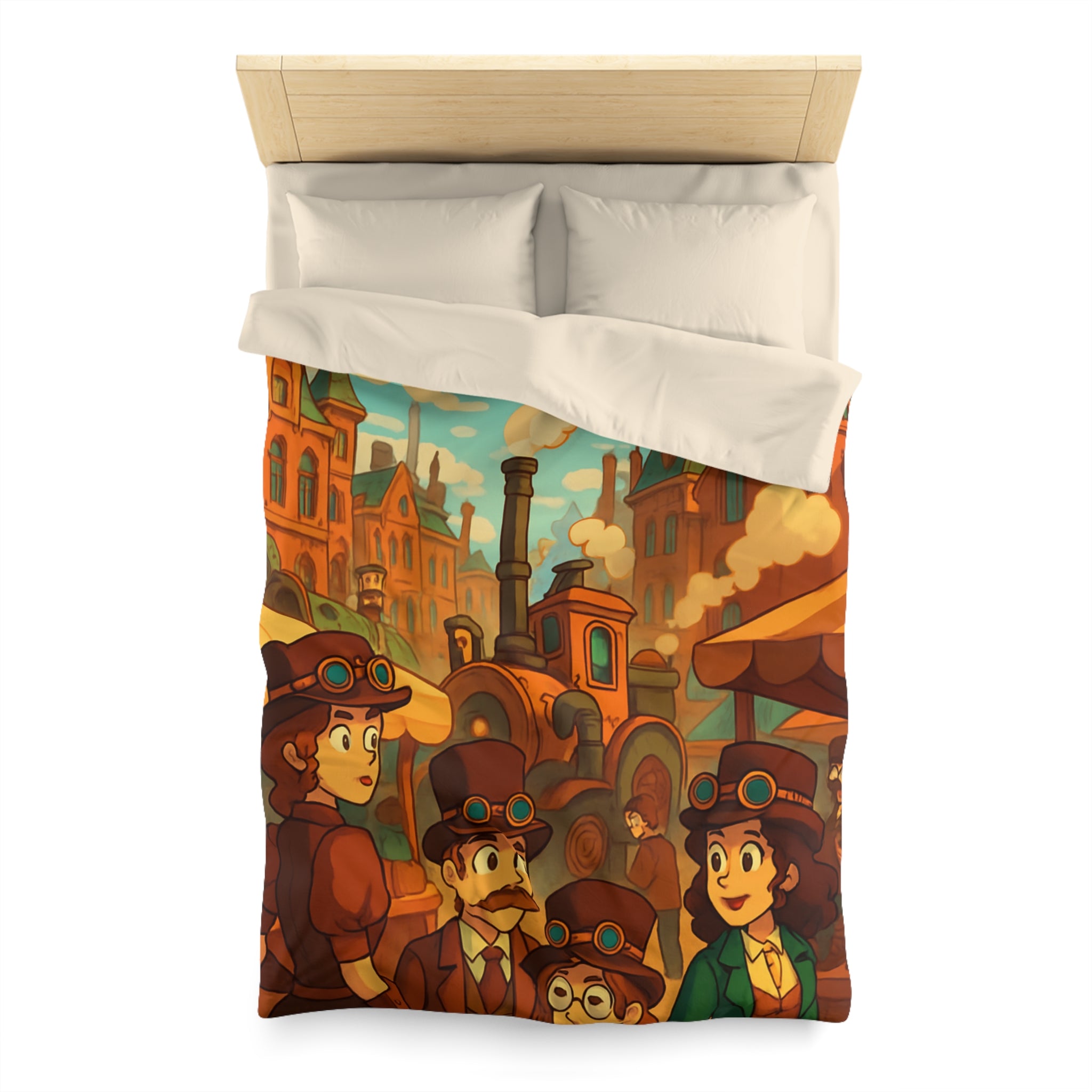 Housse de couette steampunk rétro avec famille, dirigeables et ville victorienne animée