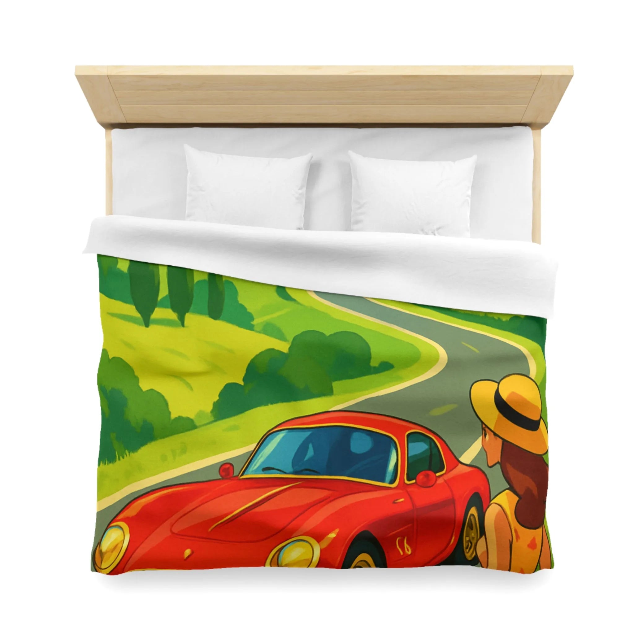 Housse de Couette Colorée avec Paysage Champêtre, Route Sinueuse et Voiture Rouge