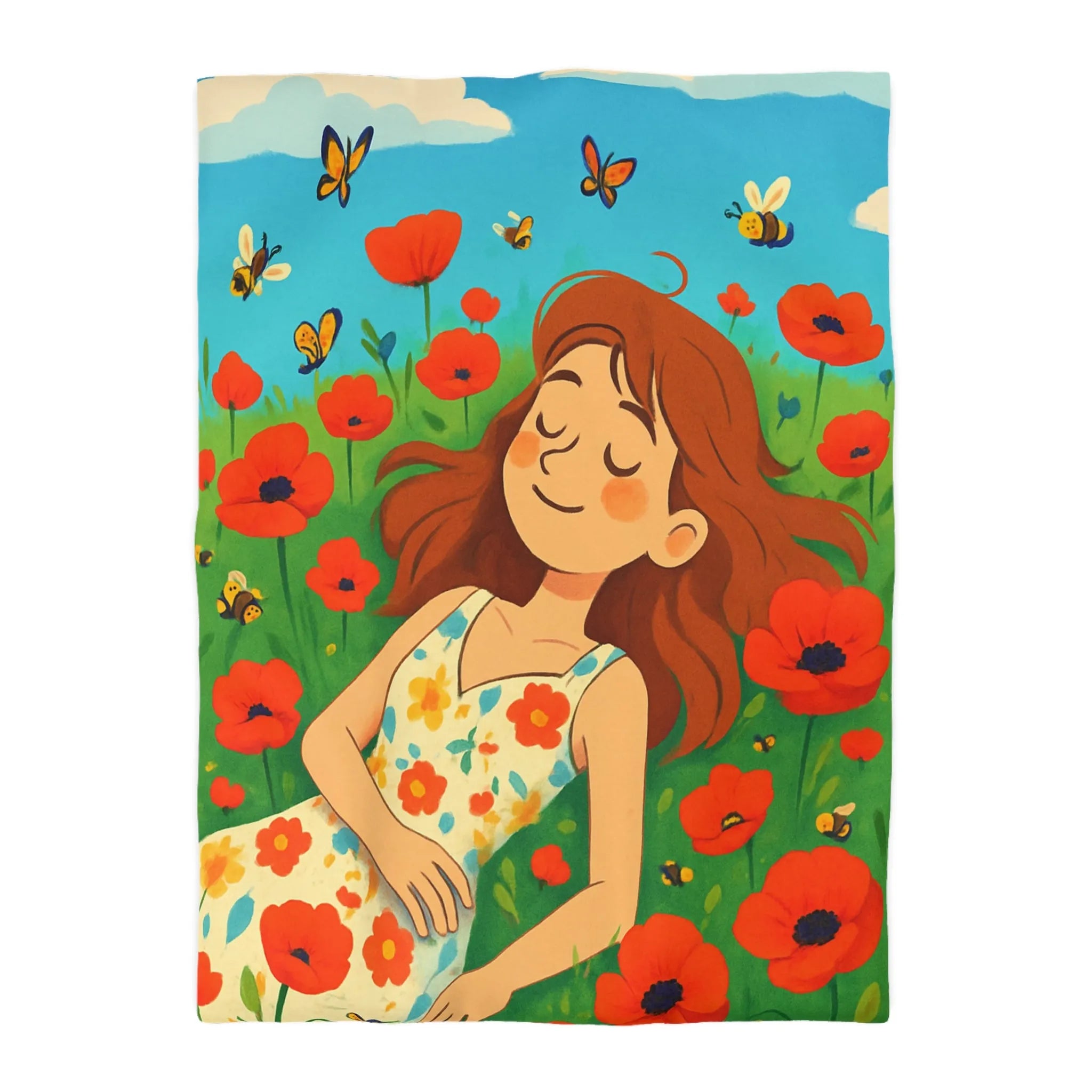 Housse de couette colorée avec motif floral et personnage rêveur en été ensoleillé