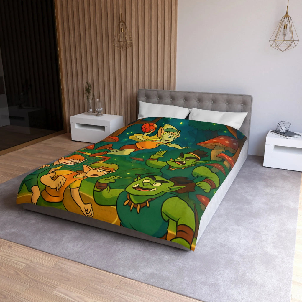 Housse de couette d’elfes joueurs de handball dans une forêt magique illuminée