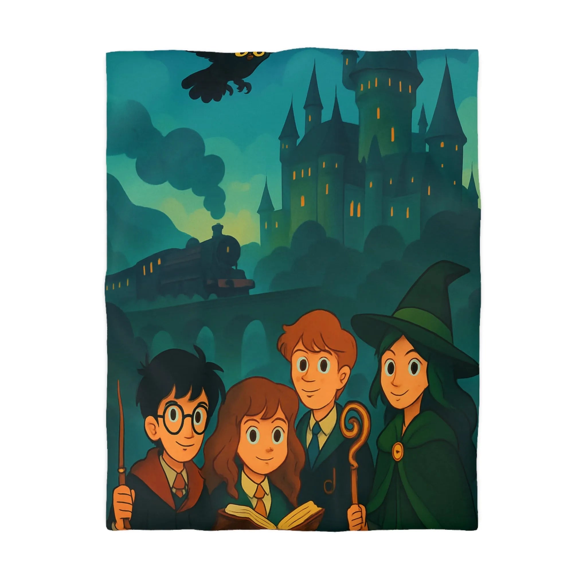 Housse de couette magique avec château et étudiants en sorcellerie dans une forêt enchantée