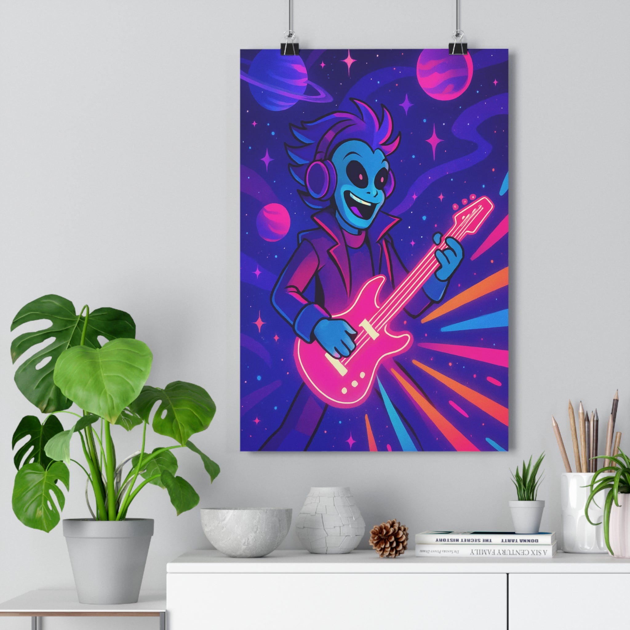 Poster décoratif futuriste extraterrestre guitare électrique dessin animé psychédélique cosmos bleu rose violet chambre