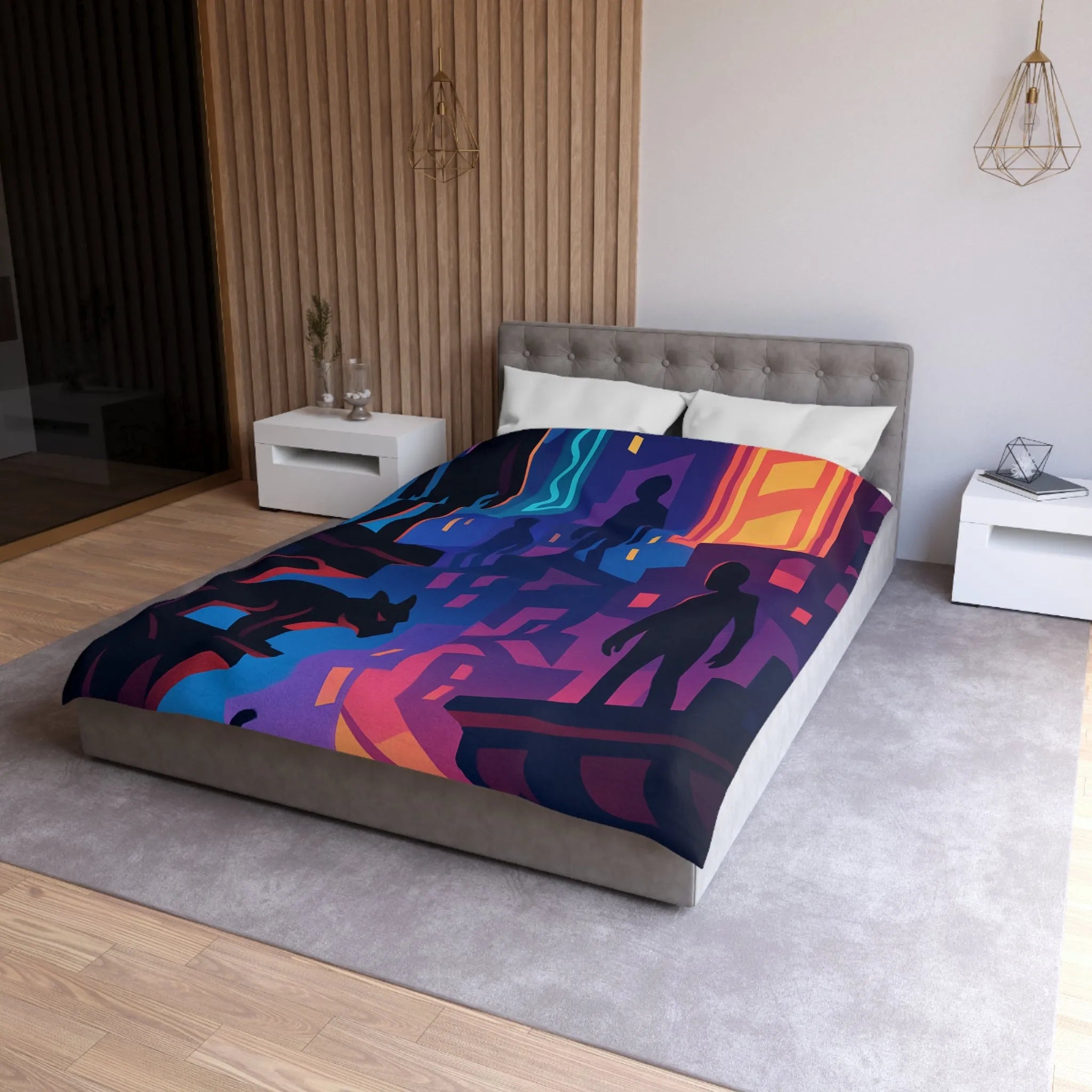 Housse de couette colorée avec silhouettes mystérieuses et ambiance urbaine nocturne captivante