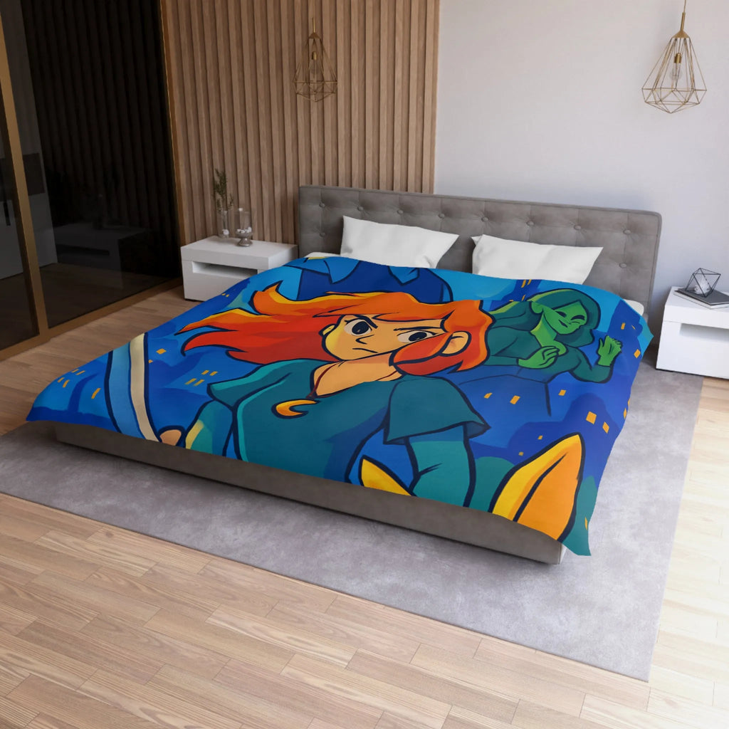 Housse de couette héroïque avec épée, ville nocturne et créatures fantastiques colorées