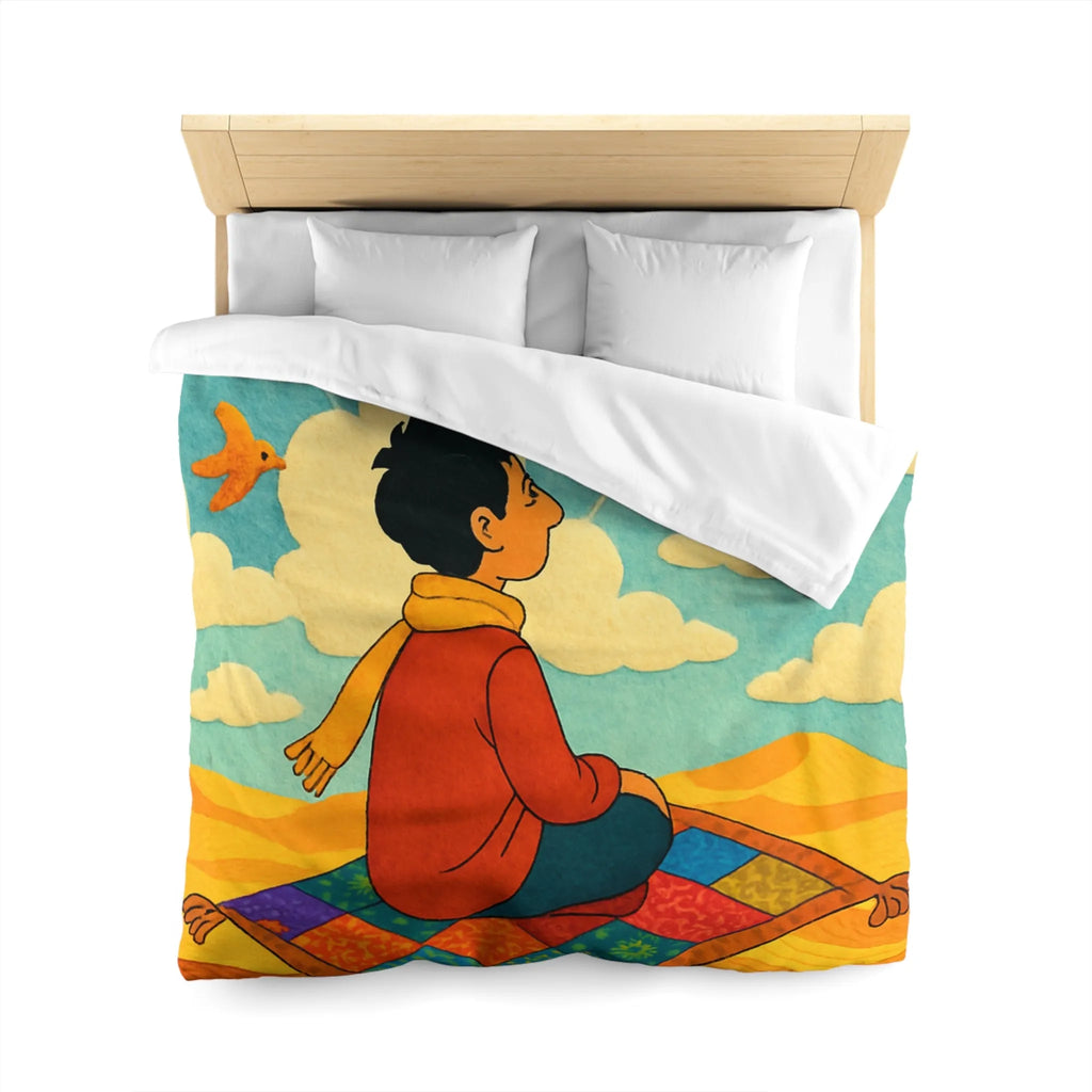 Housse de couette magique avec tapis volant et oiseaux colorés dans le ciel