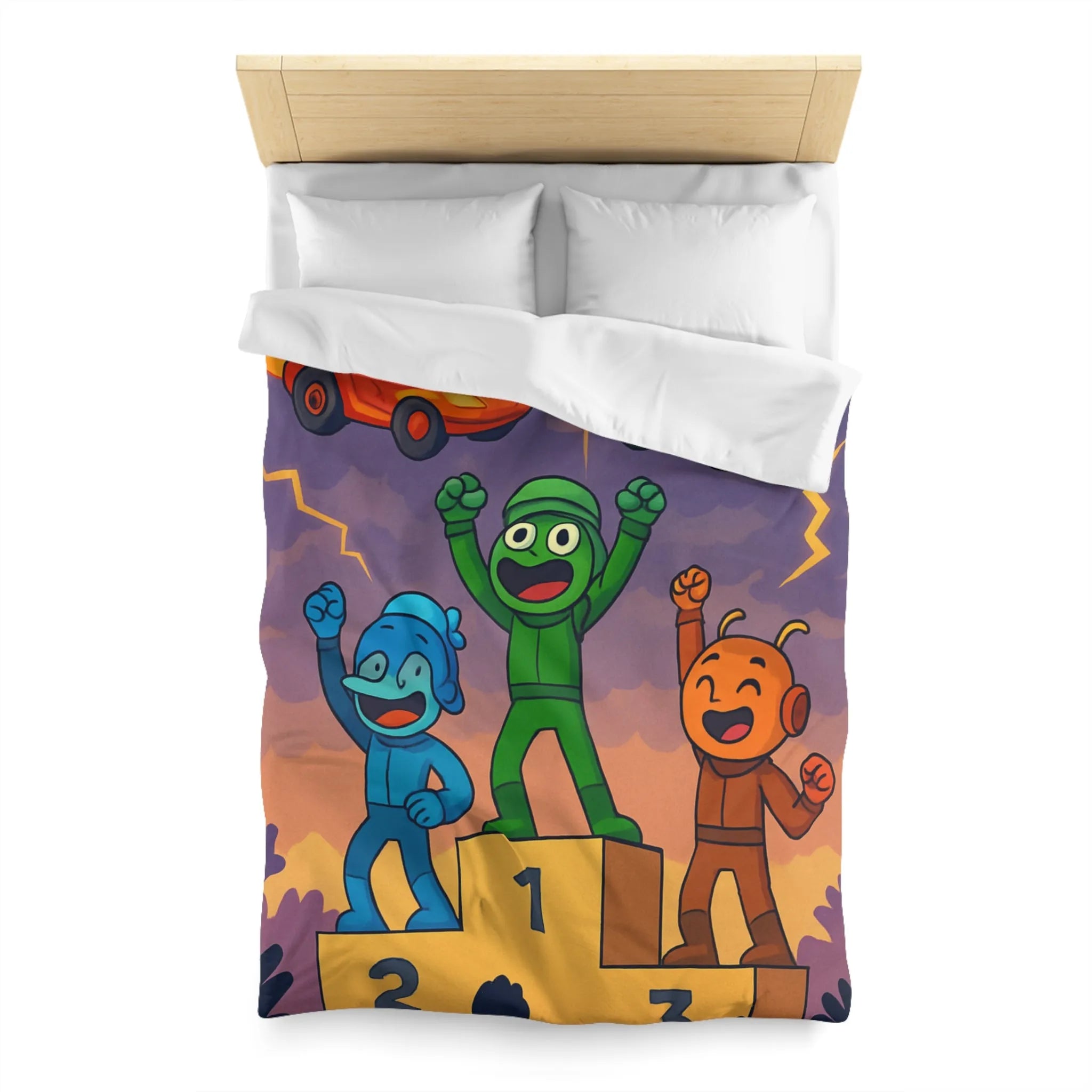 Housse de couette colorée avec podium de victoire et voitures exotiques dessinées