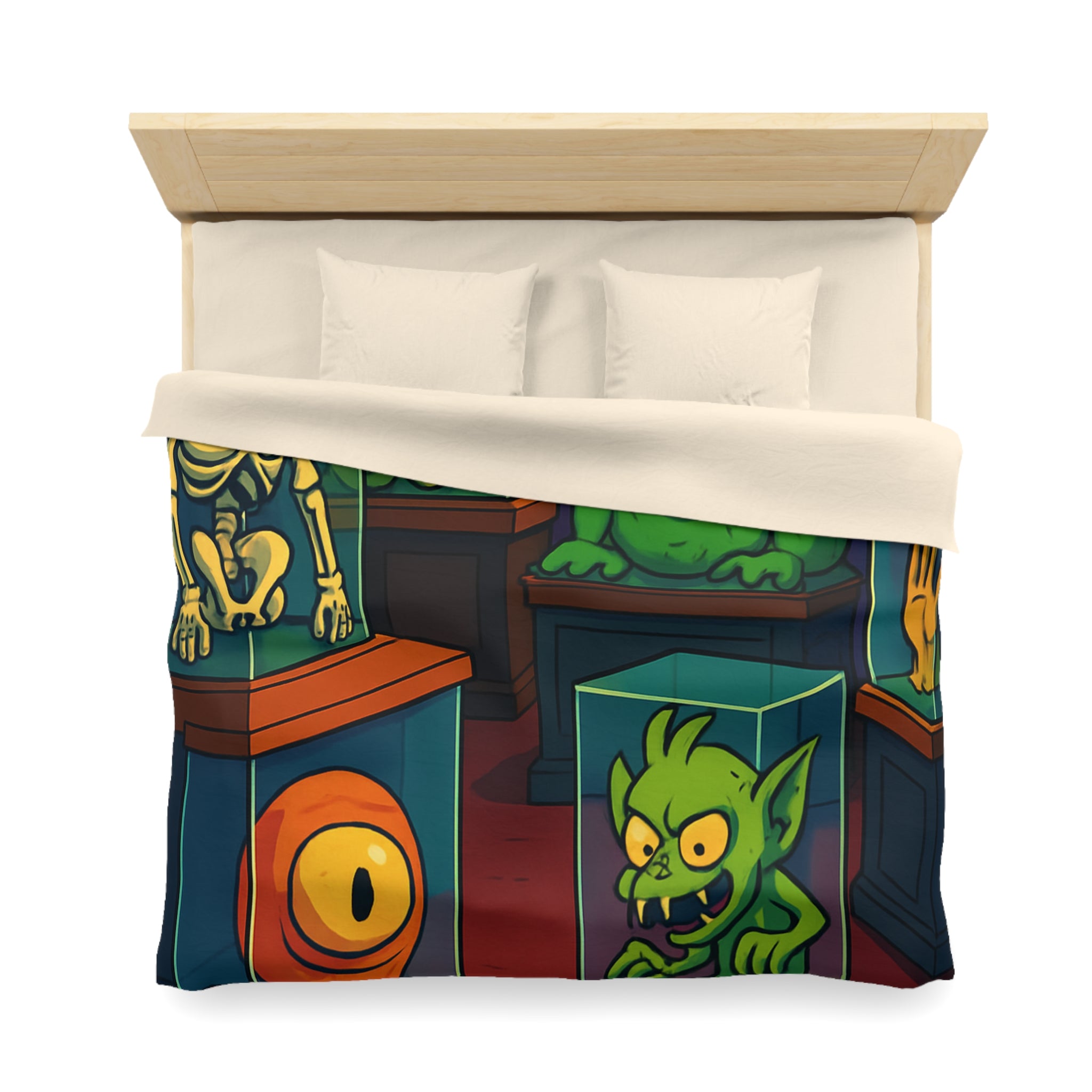 Housse de couette pour enfant avec monstres comiques dans un musée fantaisiste et coloré