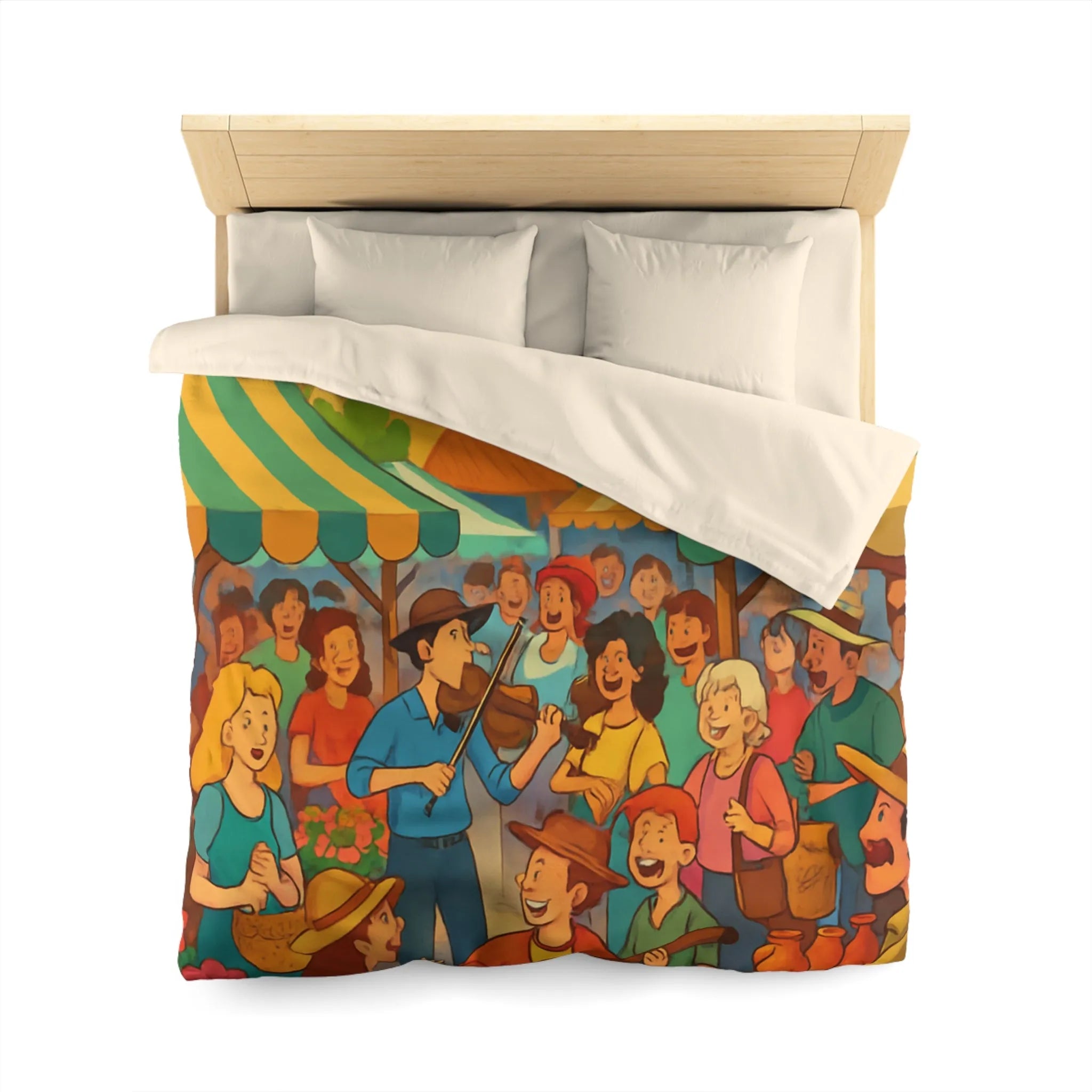 Housse de couette colorée avec scène de marché animé et ambiance joyeuse en plein air