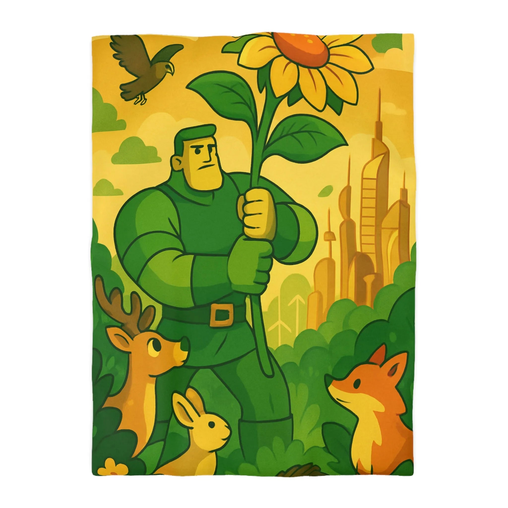 Housse de couette avec illustration végétale et animaux dans une ambiance futuriste naturelle