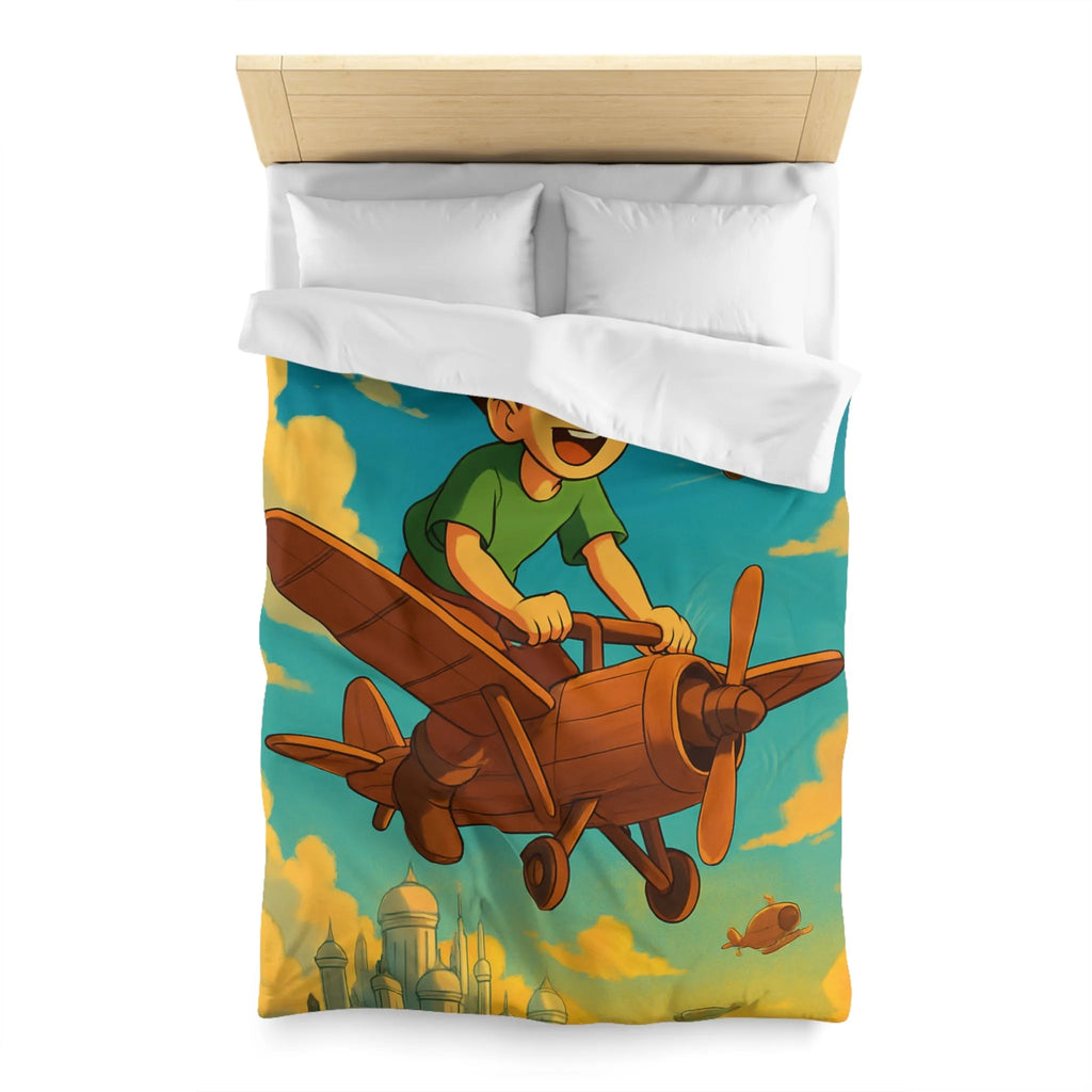 Aventure enfantine avec avion en bois survolant palais nuageux au coucher du soleil