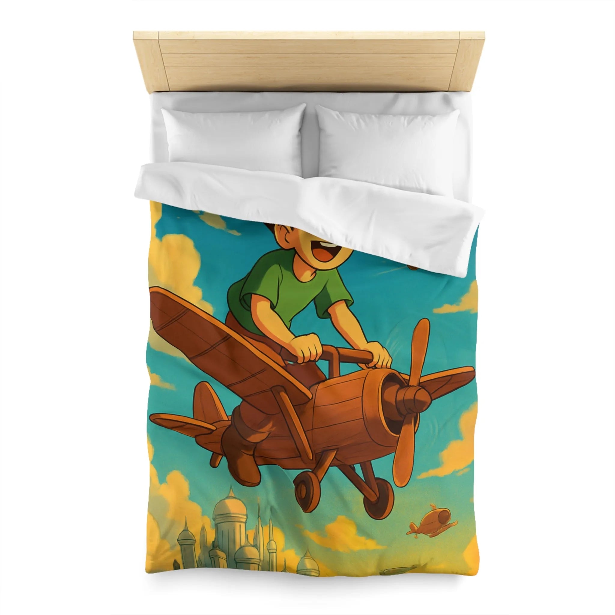 Aventure enfantine avec avion en bois survolant palais nuageux au coucher du soleil