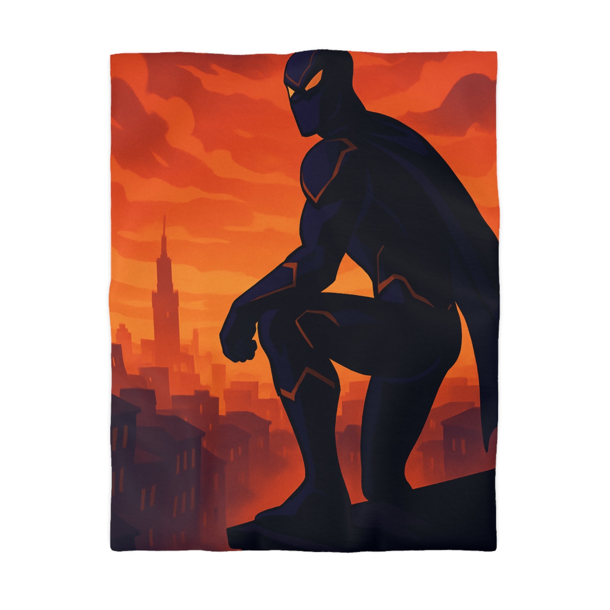 Housse de couette super-héros noir contemplant la ville dans un crépuscule rougeoyant