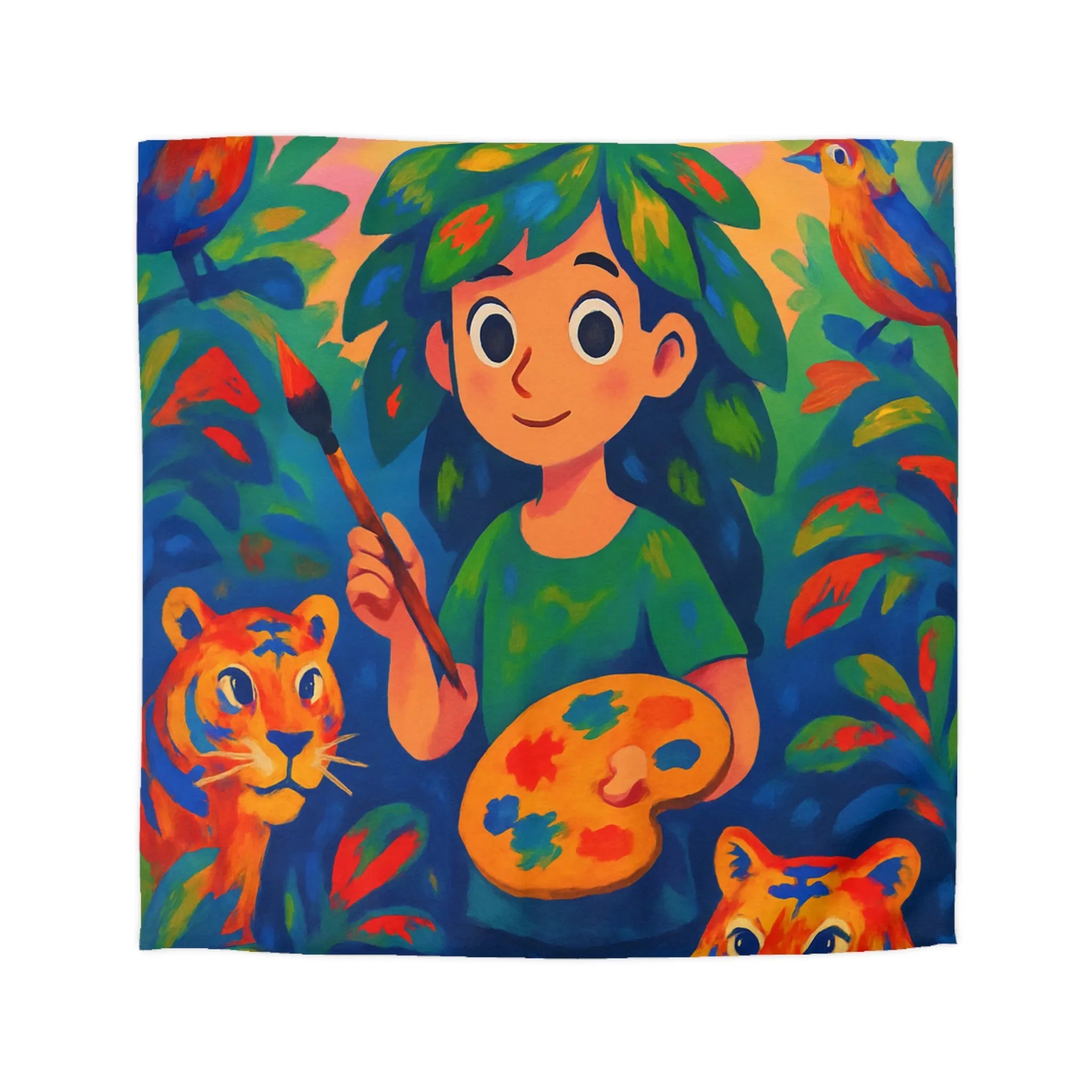 Housse de couette colorée avec tigres et artiste dans une jungle vibrante