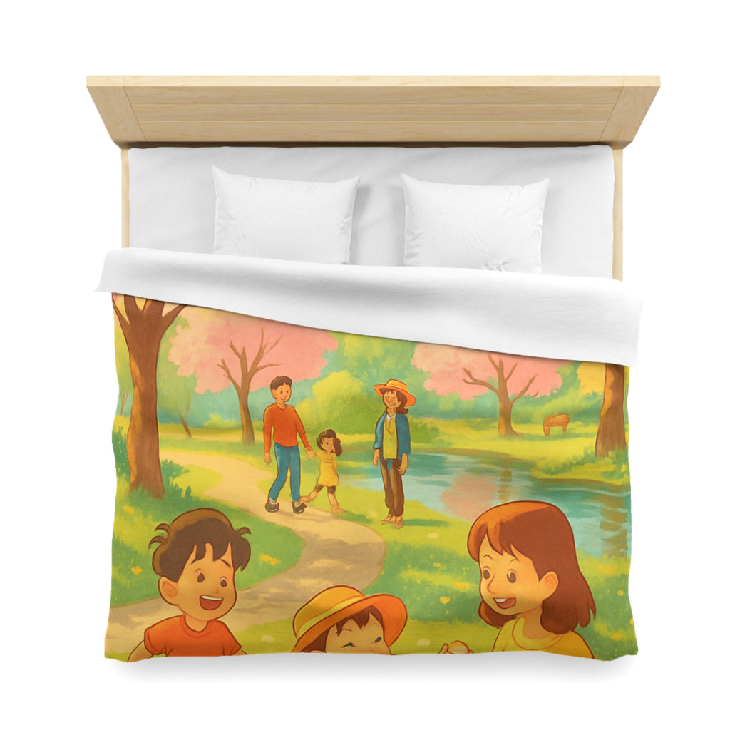 Housse de Couette Printanière avec Scène de Pique-nique Sous Cerisiers en Fleurs