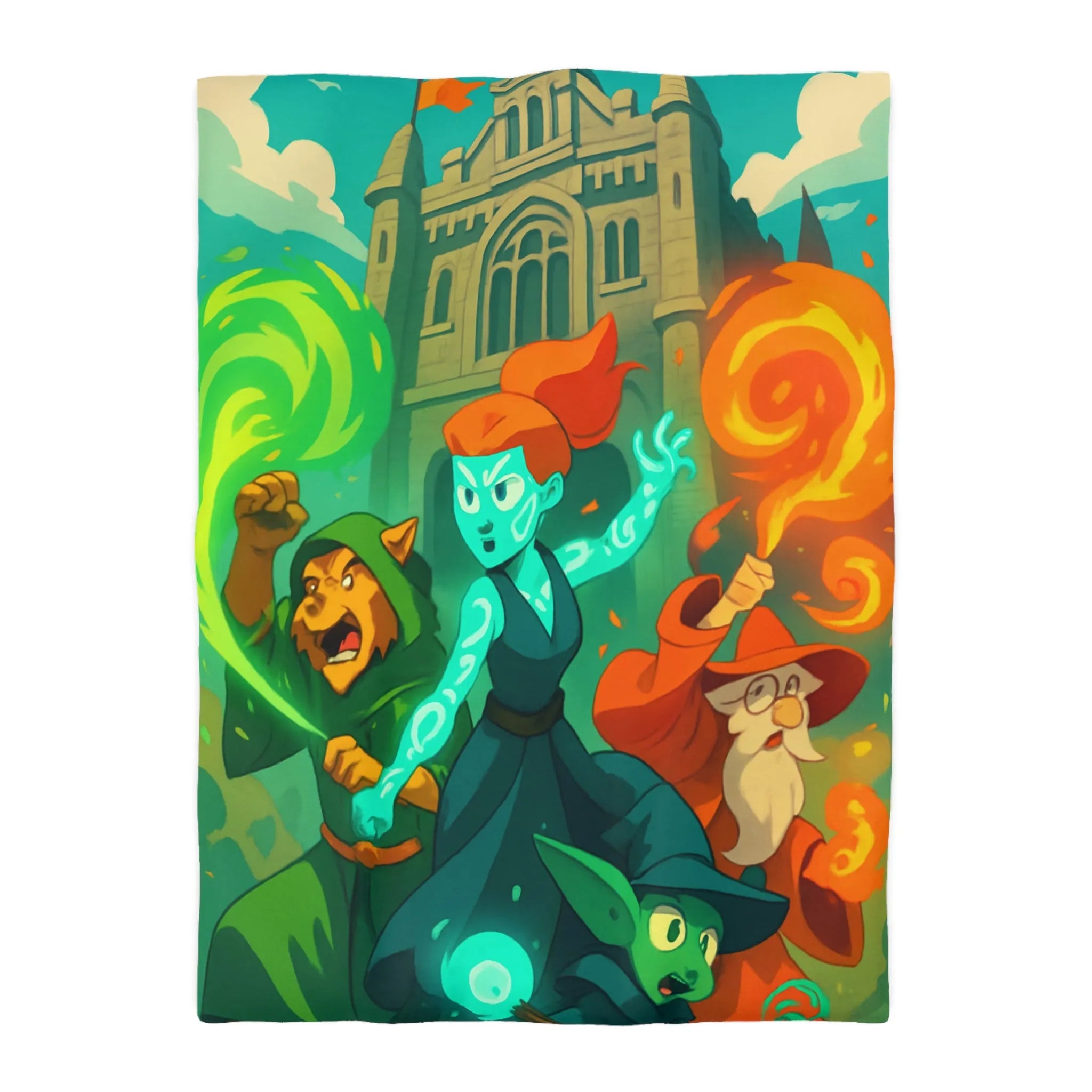 Housse de couette magique pour enfant avec personnages et château, ambiance féérique animée