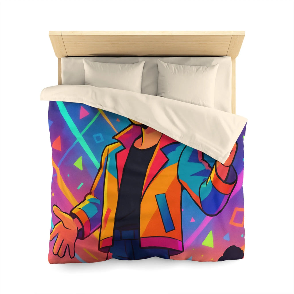 Housse de couette colorée avec personnage animé, haute énergie, motifs géométriques vibrants