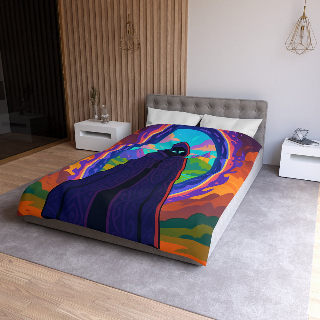 Mystérieux paysage enchanté avec mage en robe près du portail vibrant coloré