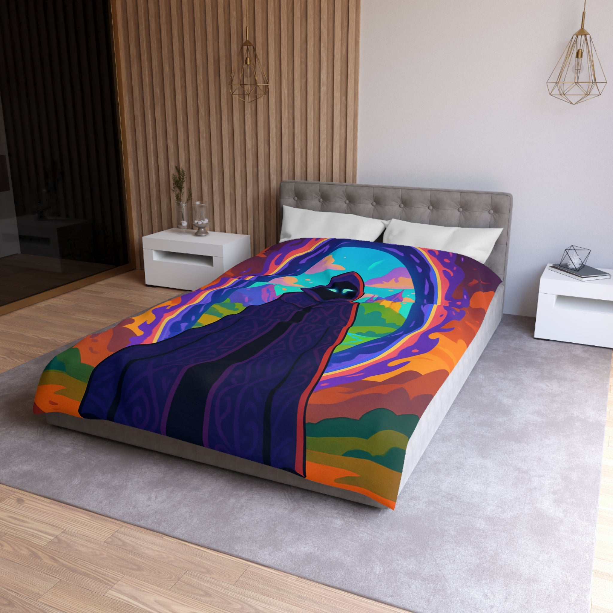 Mystérieux paysage enchanté avec mage en robe près du portail vibrant coloré