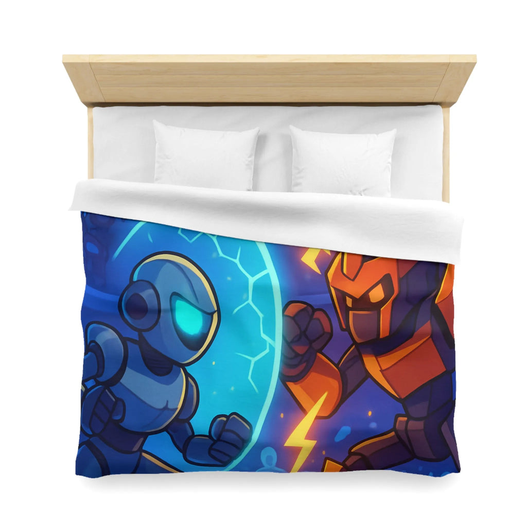 Housse de couette avec robots futuristes en duel, éclairs et énergie dans l'arène