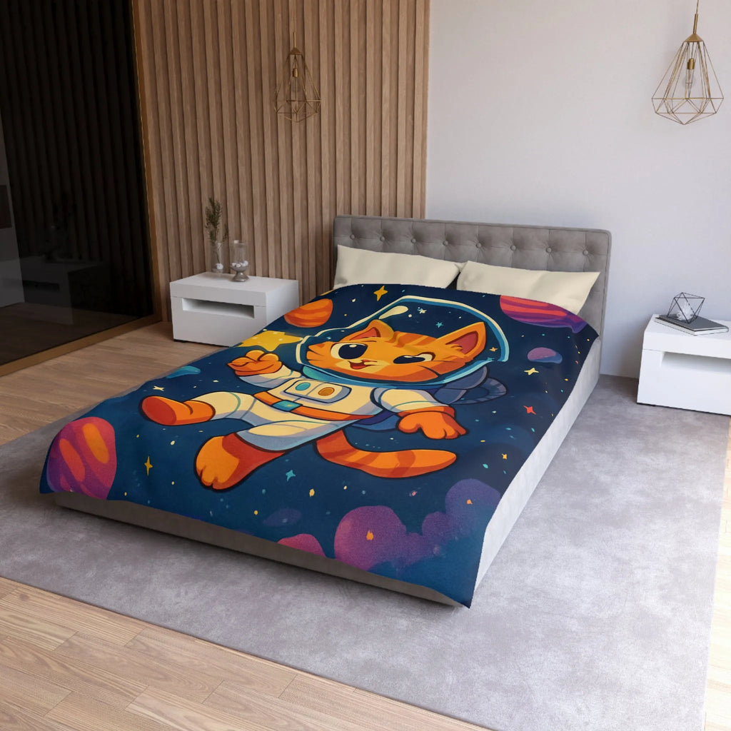 Housse de Couette avec Chat Astronaute et Étoiles dans Espace Coloré pour Enfants