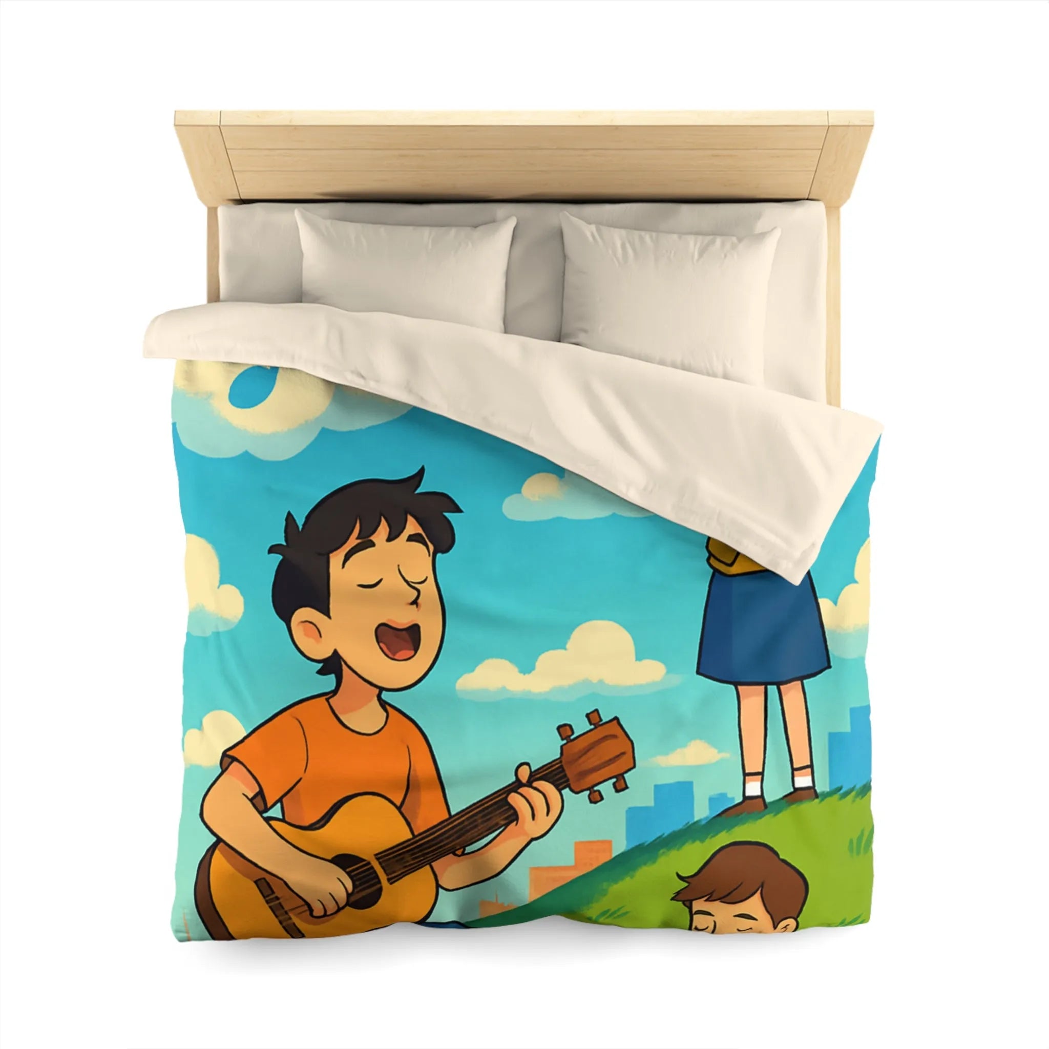 Housse de couette avec personnages chantant et lisant sur colline ensoleillée