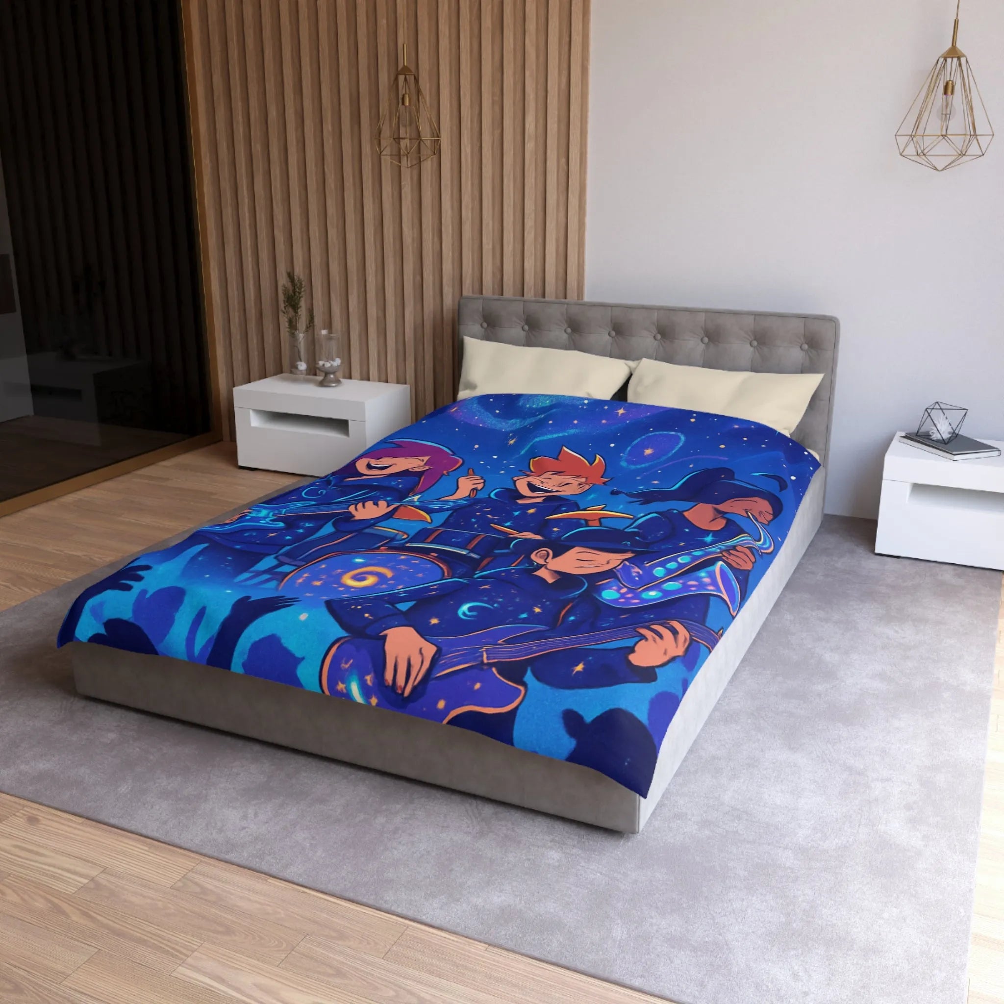 Housse de couette cosmos animée avec jeunes musiciens et instruments lumineux