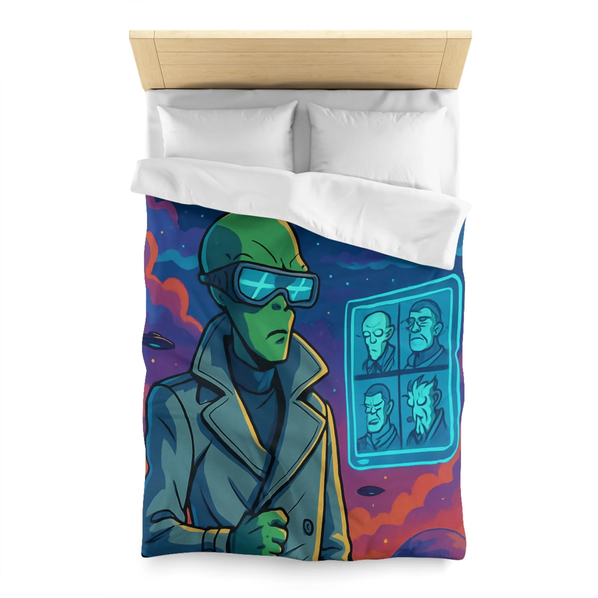 Housse de Couette Futuriste avec Alien et OVNIs, Style Bande Dessinée Colorée Science-Fiction