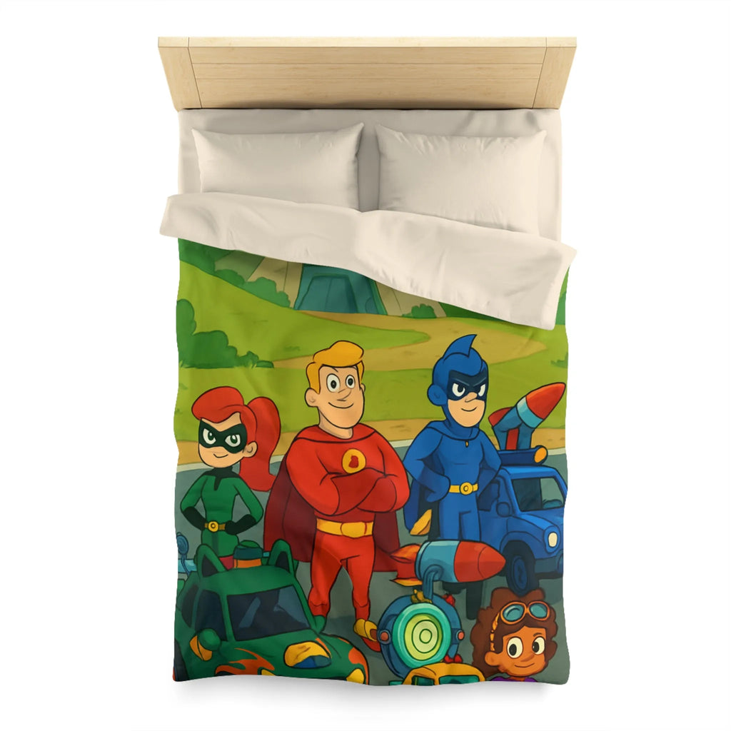 Housse de couette enfant avec super-héros et véhicules colorés dans paysage cartoon vibrant