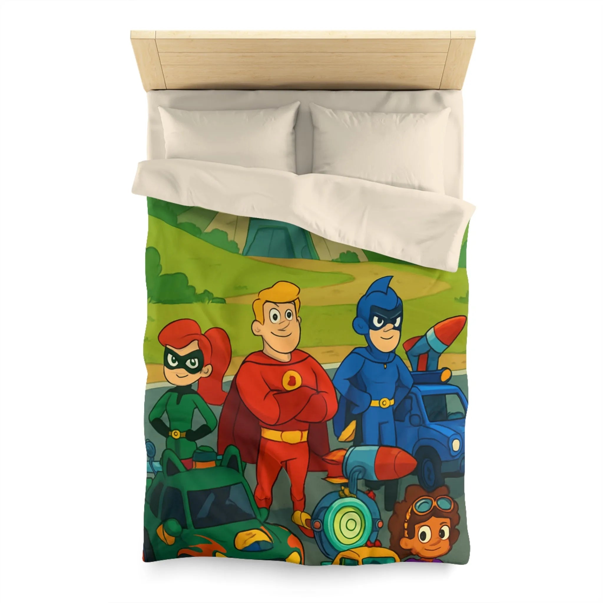 Housse de couette enfant avec super-héros et véhicules colorés dans paysage cartoon vibrant