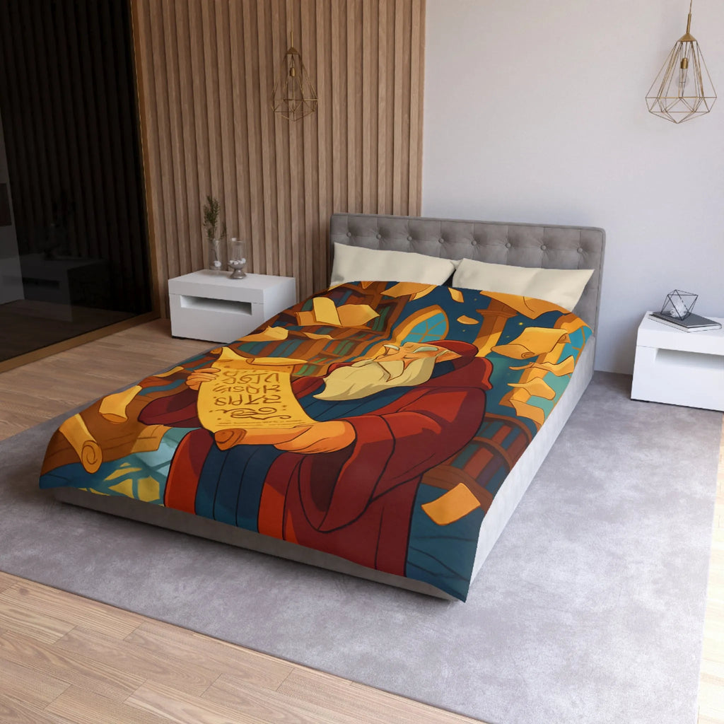 Housse de couette élégante avec design de bibliothèque, parchemins et sage en robe rouge