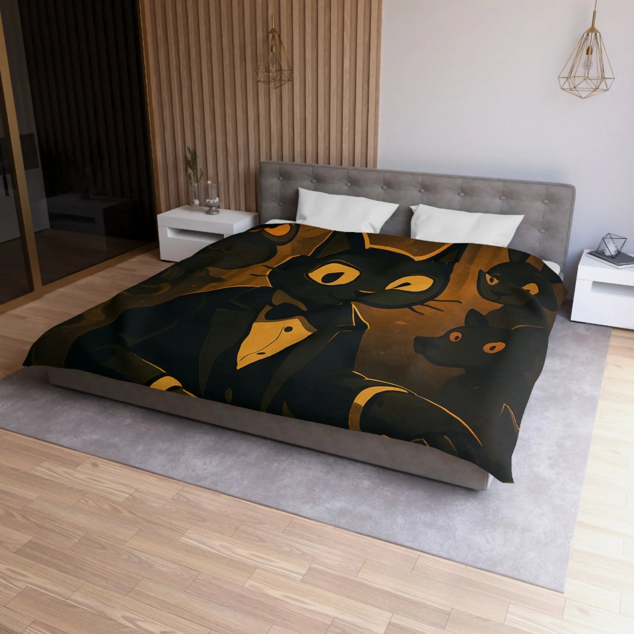Housse de couette chat noir jouant du piano avec hibou et lapin en arrière-plan